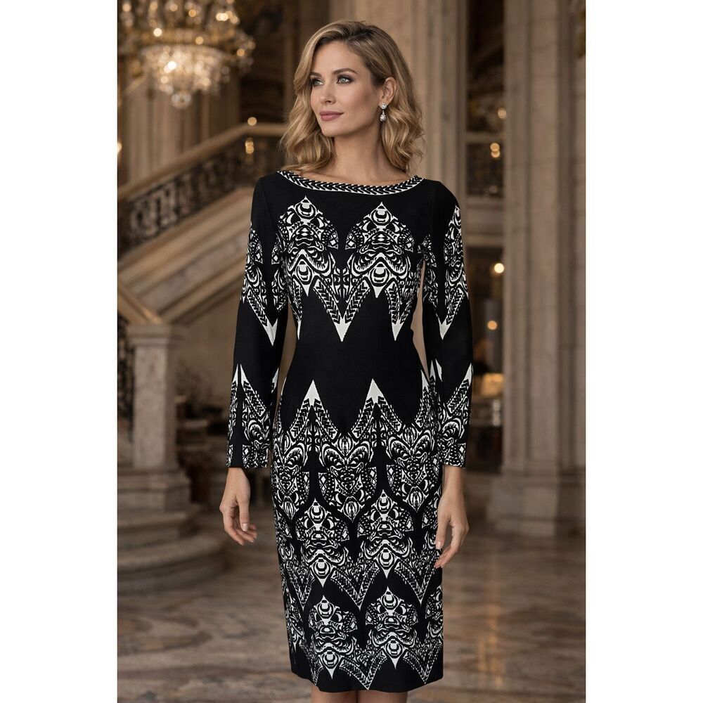 Alaia 40 Small black white jacquard long sleeve bodycon stretch dress luxury